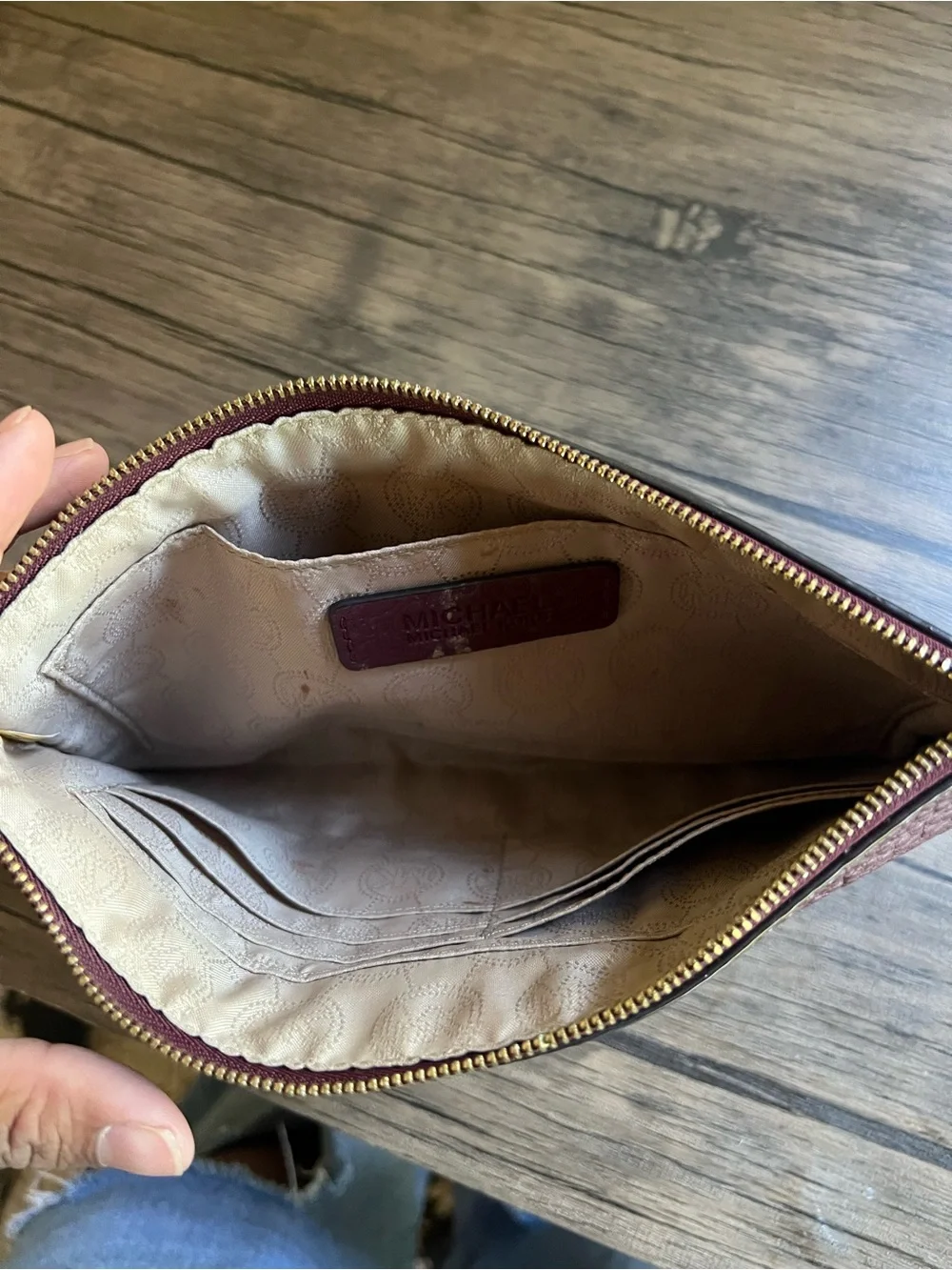 Michael Kors Maroon Pebbled Leather Wristlet with Gold Logo